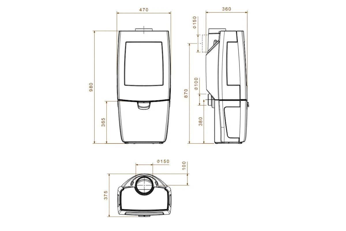 Technische tekening van Dovre Sense 203 houtkachel met afmetingen in millimeters.