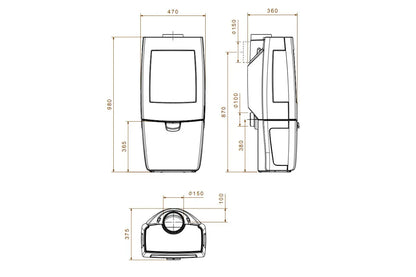 Technische tekening van Dovre Sense 203 houtkachel met afmetingen in millimeters.