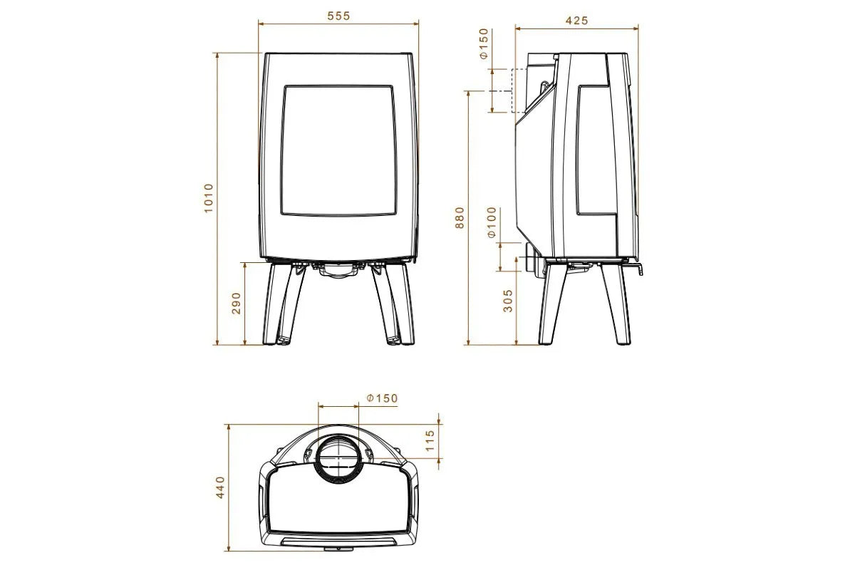 Technische tekening van Dovre Sense 303 houtkachel met afmetingen en zij-, voor- en bovenaanzicht.