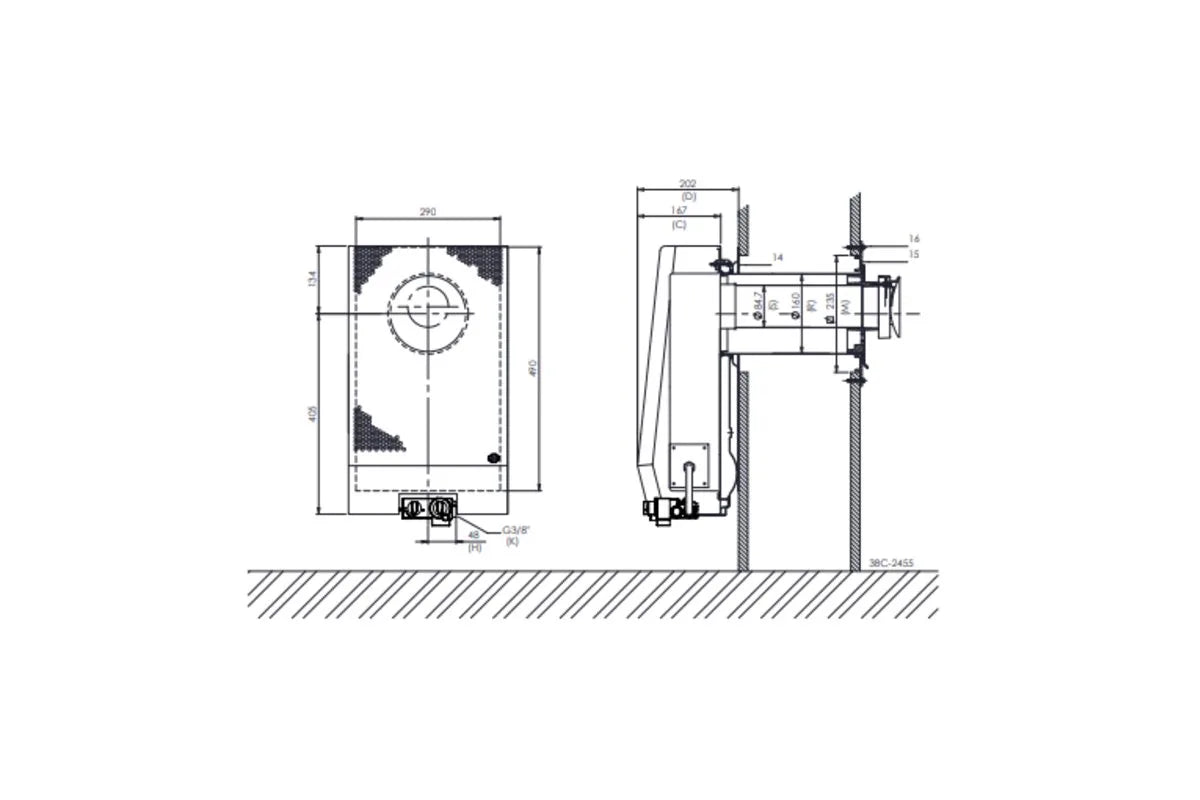 DRU Art 2 gevelkachel technische tekening met voor- en zijaanzicht, inclusief maten