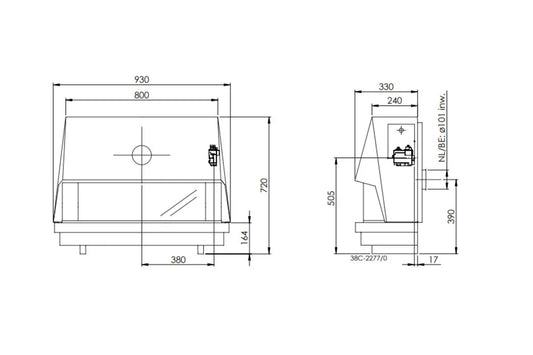 DRU Berlien gaskachel technische tekening met voor- en zijaanzicht en maatvoering