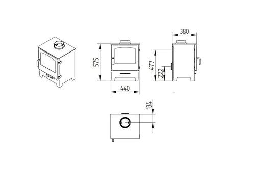 Technische tekening van Jydepejsen Country 575 houtkachel met afmetingen in millimeters.