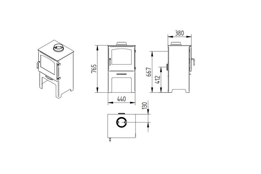 Technische tekening van de Jydepejsen Country 765 houtkachel met afmetingen in millimeters.