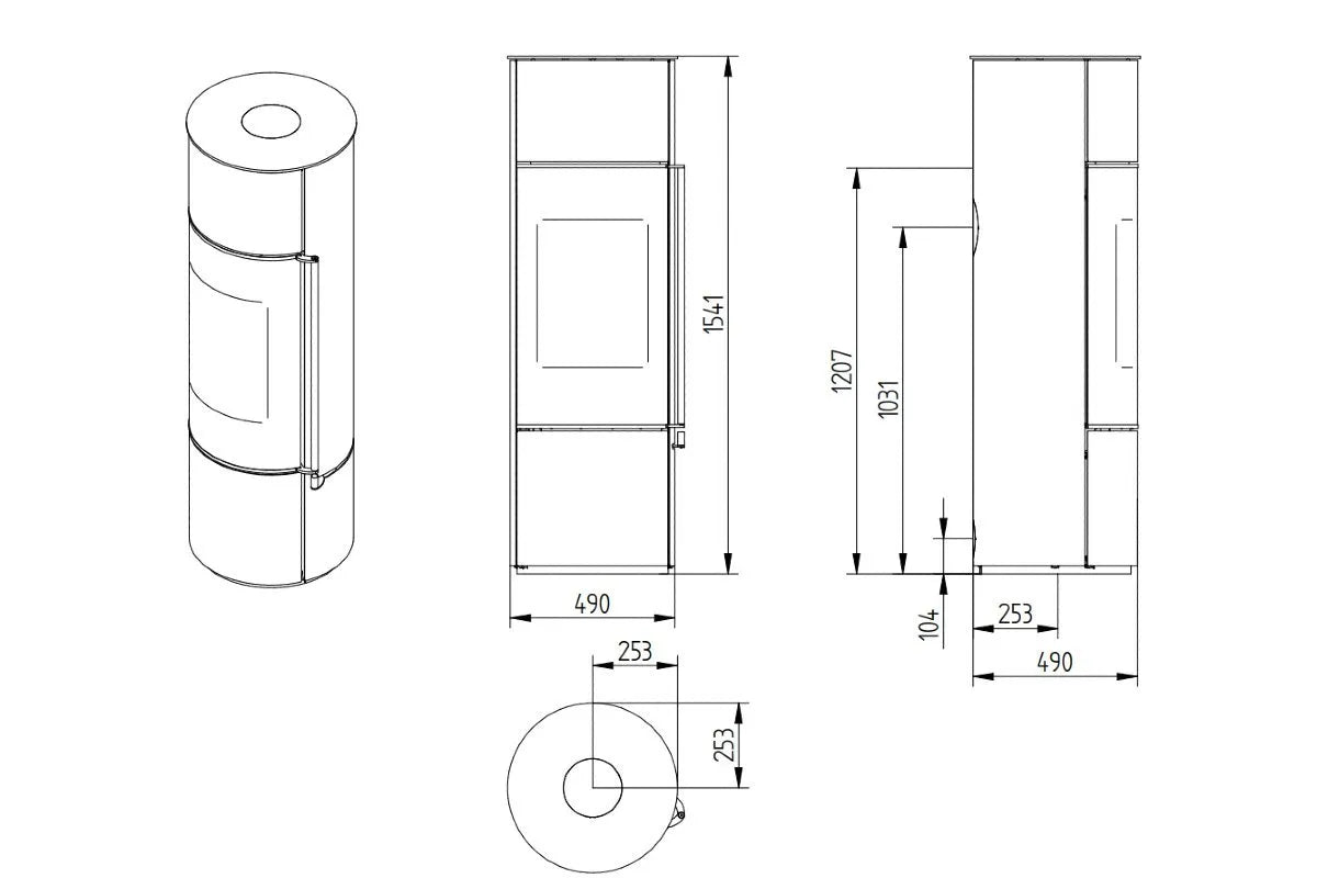 Technische tekening van Jydepejsen Omega Hoog houtkachel met afmetingen en zijaanzichten.