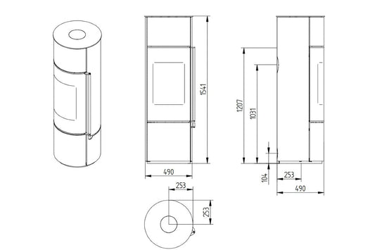 Technische tekening van Jydepejsen Omega Hoog houtkachel met afmetingen en zijaanzichten.