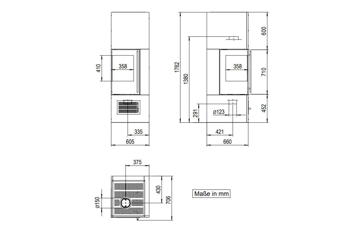 Technische tekening met afmetingen van de Olsberg Aracar Compact houtkachel in millimeters.