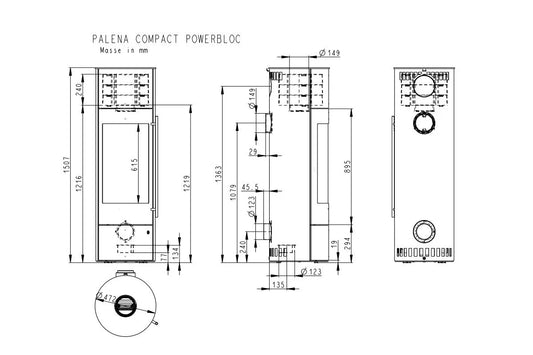 Technische tekening van Olsberg Palena PowerBlock Compact met gedetailleerde afmetingen in millimeters.