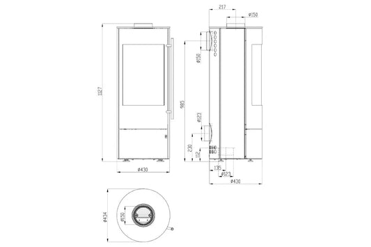 Technische tekening van de Olsberg Tipas Compact II houtkachel met afmetingen en doorsnede.