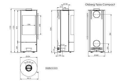 Technische tekening van Olsberg Tipas Compact III met gedetailleerde afmetingen in millimeters.