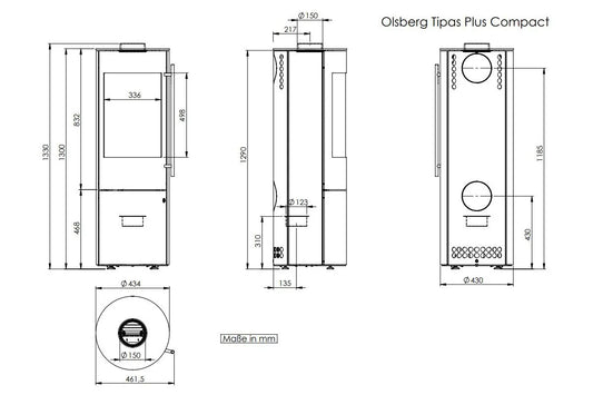 Technische tekening van Olsberg Tipas Plus Compact met gedetailleerde afmetingen in millimeters.