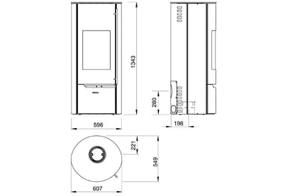 Technische tekening van Olsberg Tolima PowerSystem II Compact met afmetingen en voor-, zij- en bovenaanzicht.
