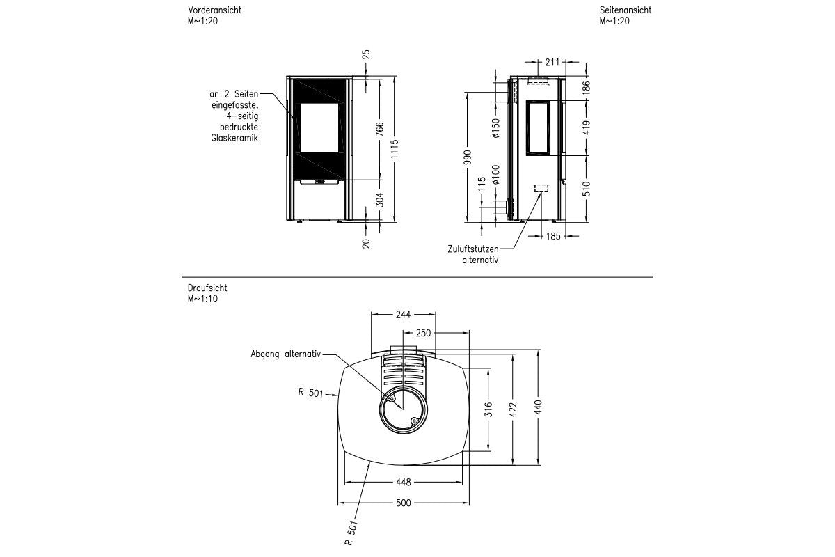 Spartherm Stovo L-plus technische tekening met voor-, zij- en bovenaanzicht