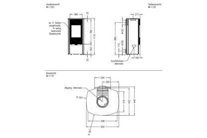 Technische tekening van Spartherm Stovo L met voor-, zij- en bovenaanzicht en gedetailleerde afmetingen.