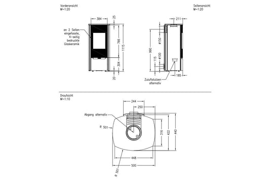 Technische tekening van Spartherm Stovo L met voor-, zij- en bovenaanzicht en gedetailleerde afmetingen.