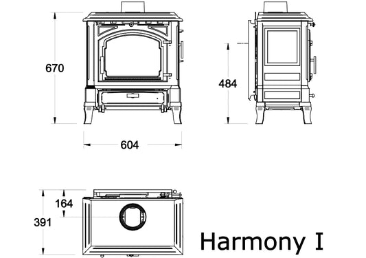 Technische tekening van Nestor Martin Harmony 1 houtkachel met afmetingen in millimeters.