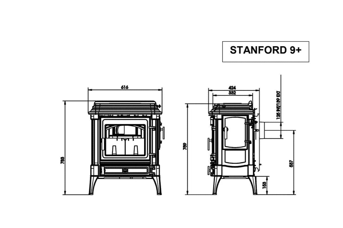 Technische tekening van Nestor Martin Stanford 9+ houtkachel met kookplaat en afmetingen.