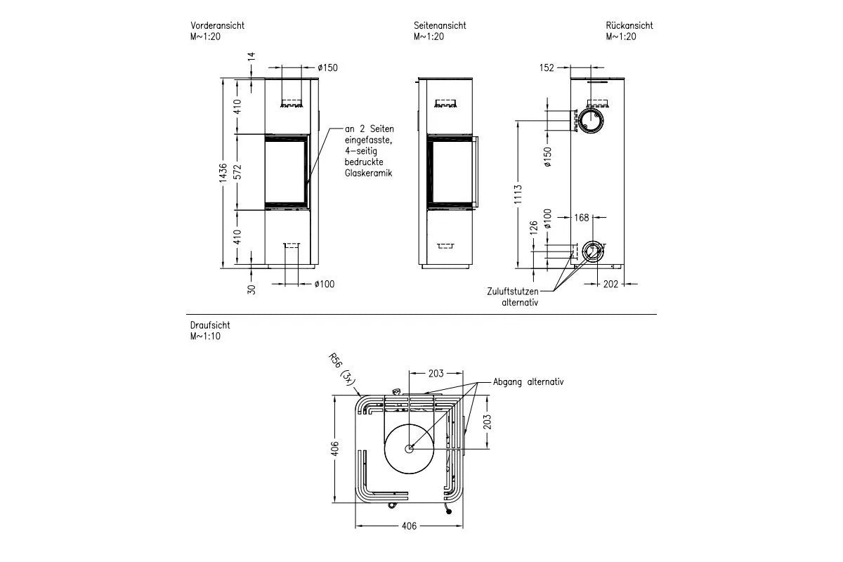 Technische tekening van Spartherm Cubo L met afmetingen en aanzichten van verschillende zijden.