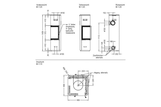 Technische tekening van Spartherm Cubo L met afmetingen en aanzichten van verschillende zijden.