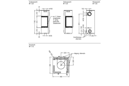 Technische tekening van Spartherm Cubo S met afmetingen en aanzichten van verschillende zijden.