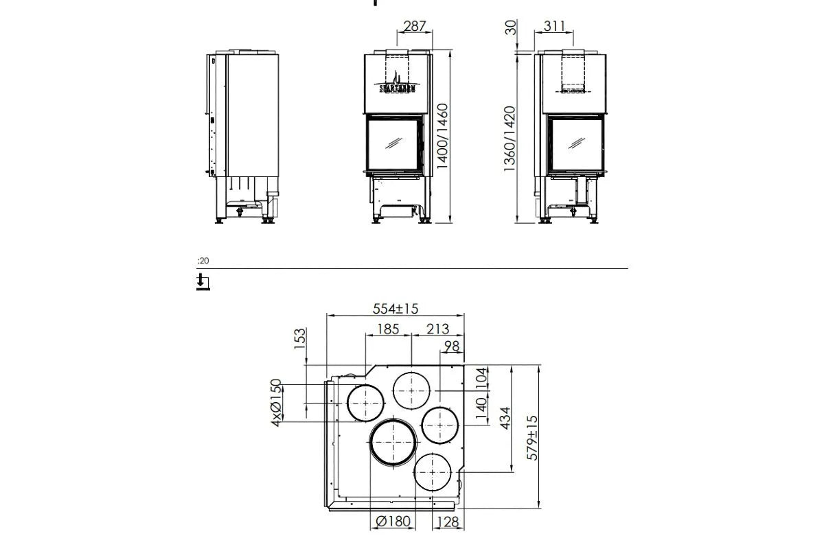 Technische tekening van Spartherm Linear Corner 46x46x51 (vaste greep) met gedetailleerde afmetingen.