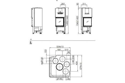 Technische tekening van Spartherm Linear Corner 46x46x51 (vaste greep) met gedetailleerde afmetingen.