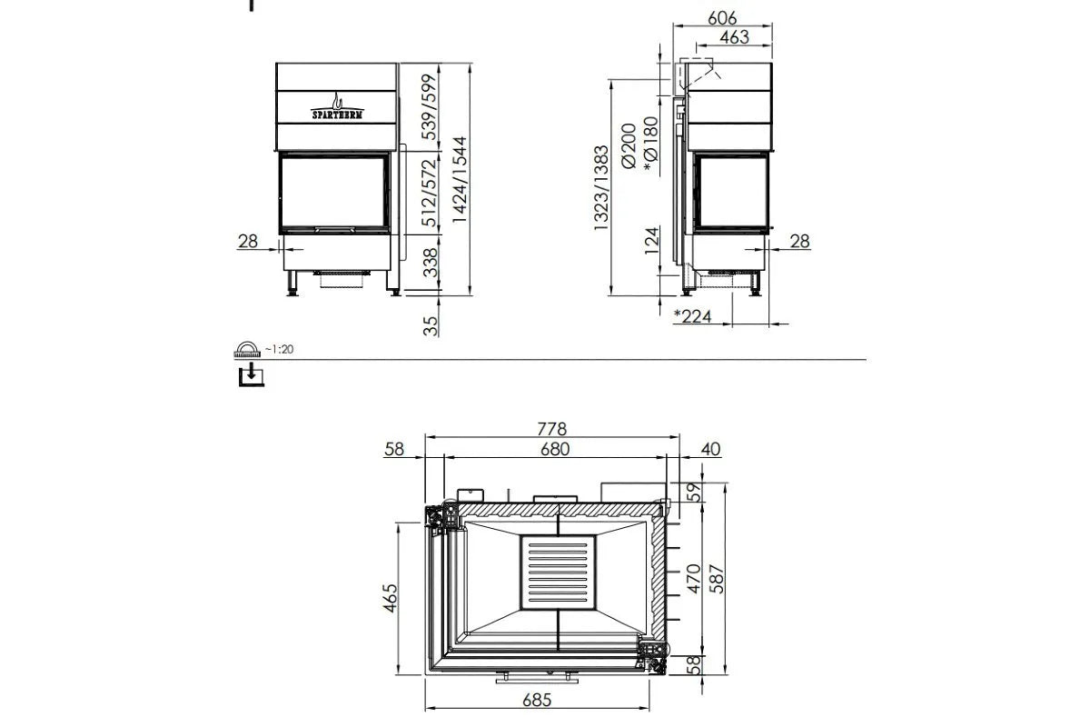 Technische tekening van Spartherm Linear Corner 68x46x57 (vaste greep) met afmetingen en details.