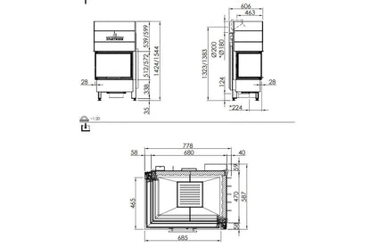 Technische tekening van Spartherm Linear Corner 68x46x57 (vaste greep) met afmetingen en details.
