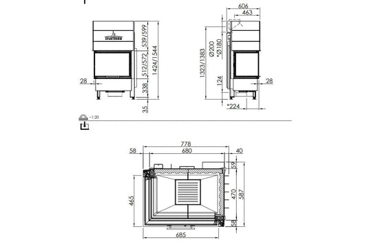 Technische tekening van Spartherm Linear Corner 68x46x57 (vaste greep) met afmetingen en details.