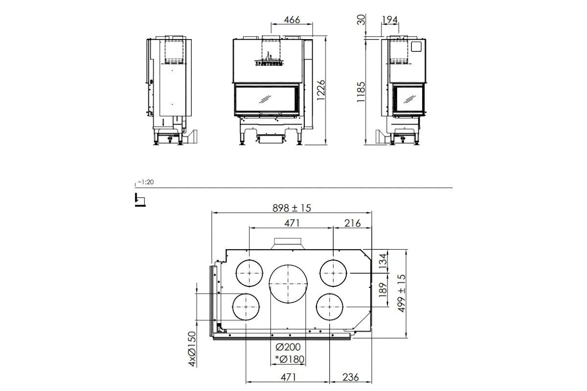 Technische tekening van Spartherm Linear Corner 73x35x37 (vaste greep) met gedetailleerde afmetingen.