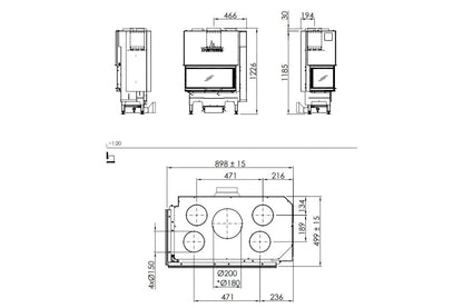 Technische tekening van Spartherm Linear Corner 73x35x37 (vaste greep) met gedetailleerde afmetingen.