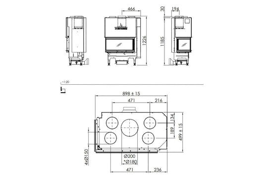 Technische tekening van Spartherm Linear Corner 73x35x37 (vaste greep) met gedetailleerde afmetingen.