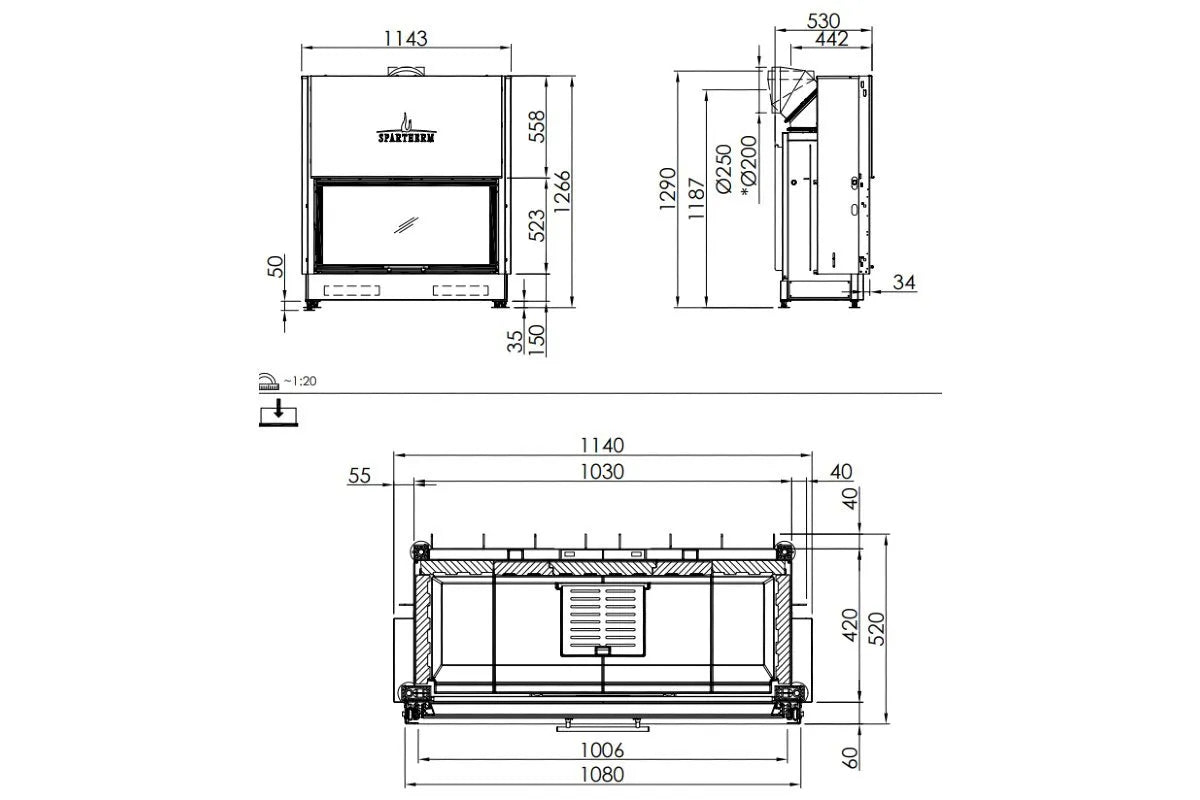 Technische tekening van Spartherm Linear Front 100x51 (vaste greep) met gedetailleerde afmetingen.