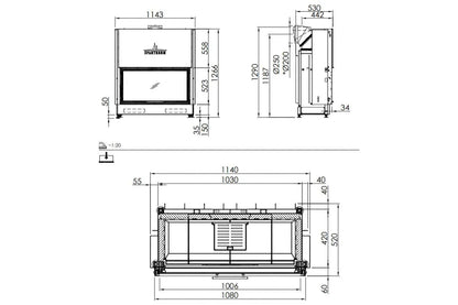 Technische tekening van Spartherm Linear Front 100x51 (vaste greep) met gedetailleerde afmetingen.