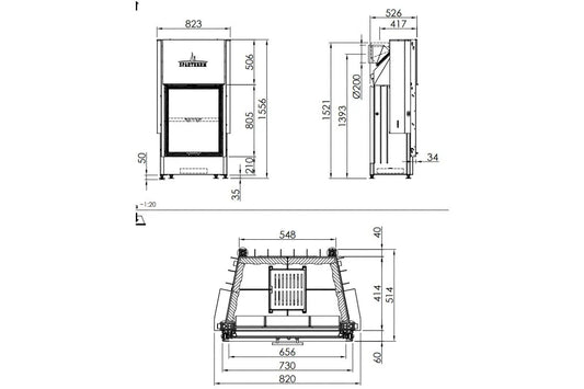 Technische tekening van Spartherm Linear Front 65x80 (vaste greep) met gedetailleerde afmetingen.