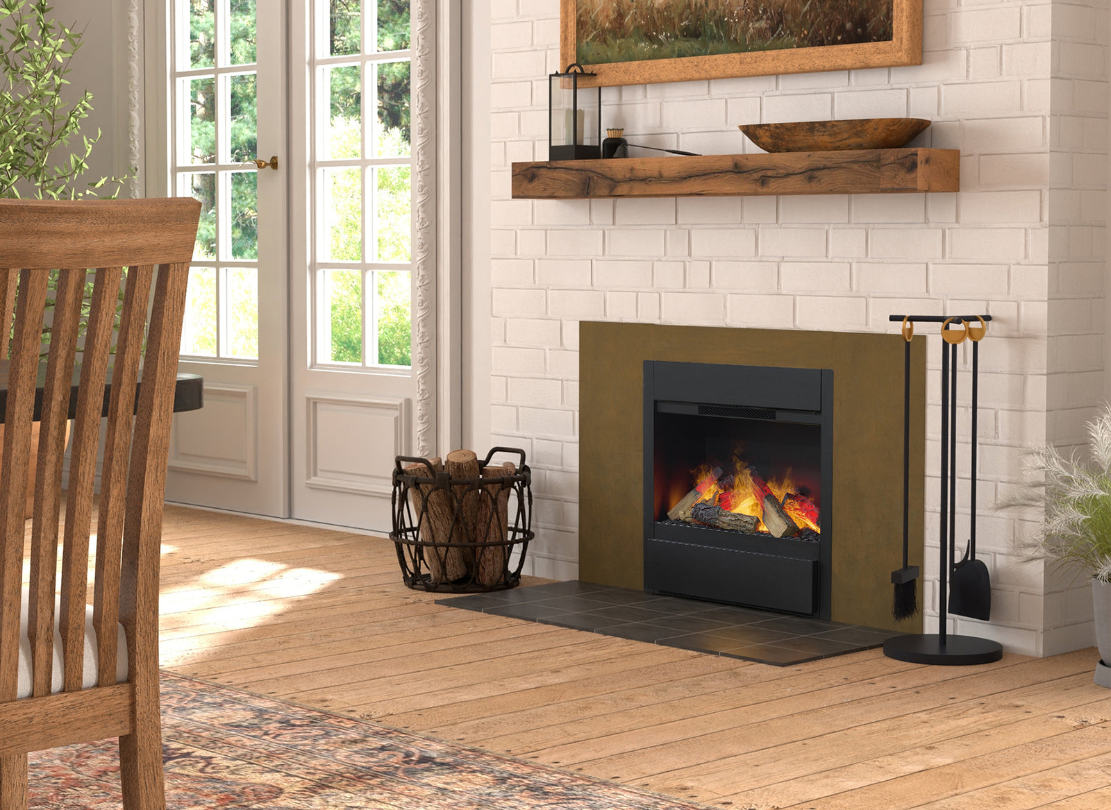 Dimplex Albany Multi Optimyst in een woonkamer met witte bakstenen schouw en vlammen