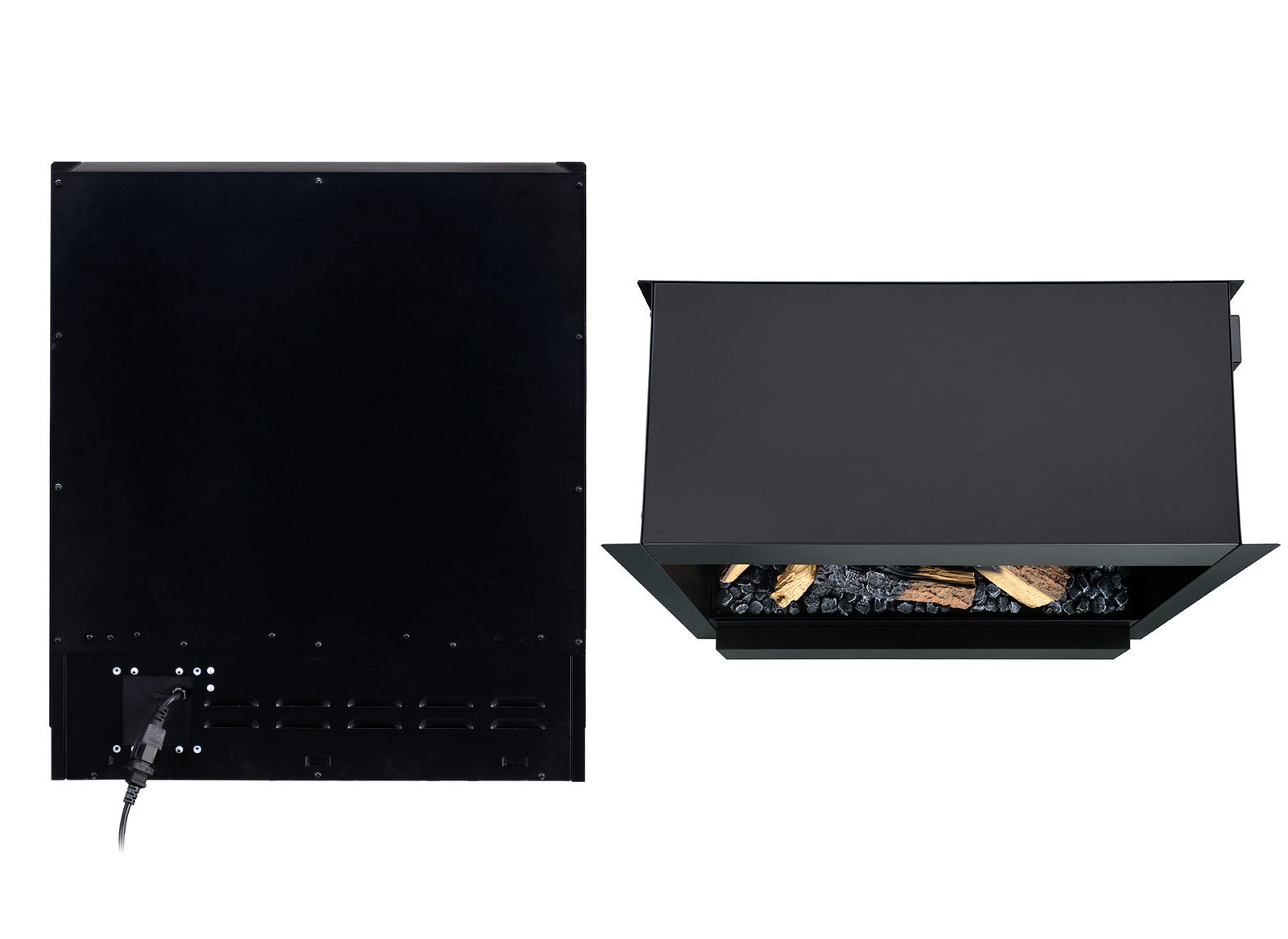 Dimplex Albany Multi Optimyst elektrische haard met houtblokken, voor- en achteraanzicht