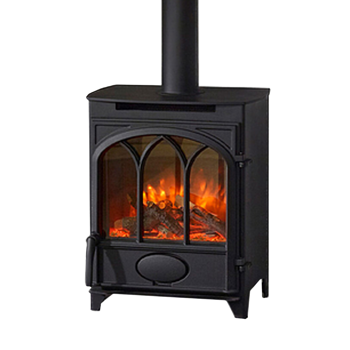 Charlton & Jenrick Fireline Alcaston houtkachel met vlammen, op witte achtergrond