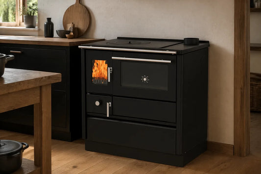 Alfa Plam Alfa 85 G zwarte fornuis in keuken met brandend vuur