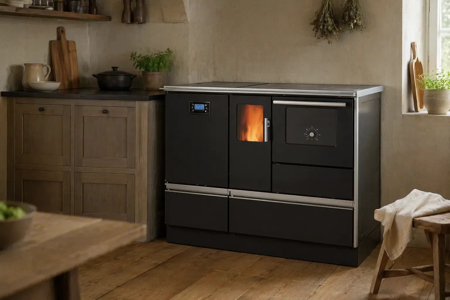 Alfa Plam Alfaterm 20 Pellet in landelijke keuken met brandend venster
