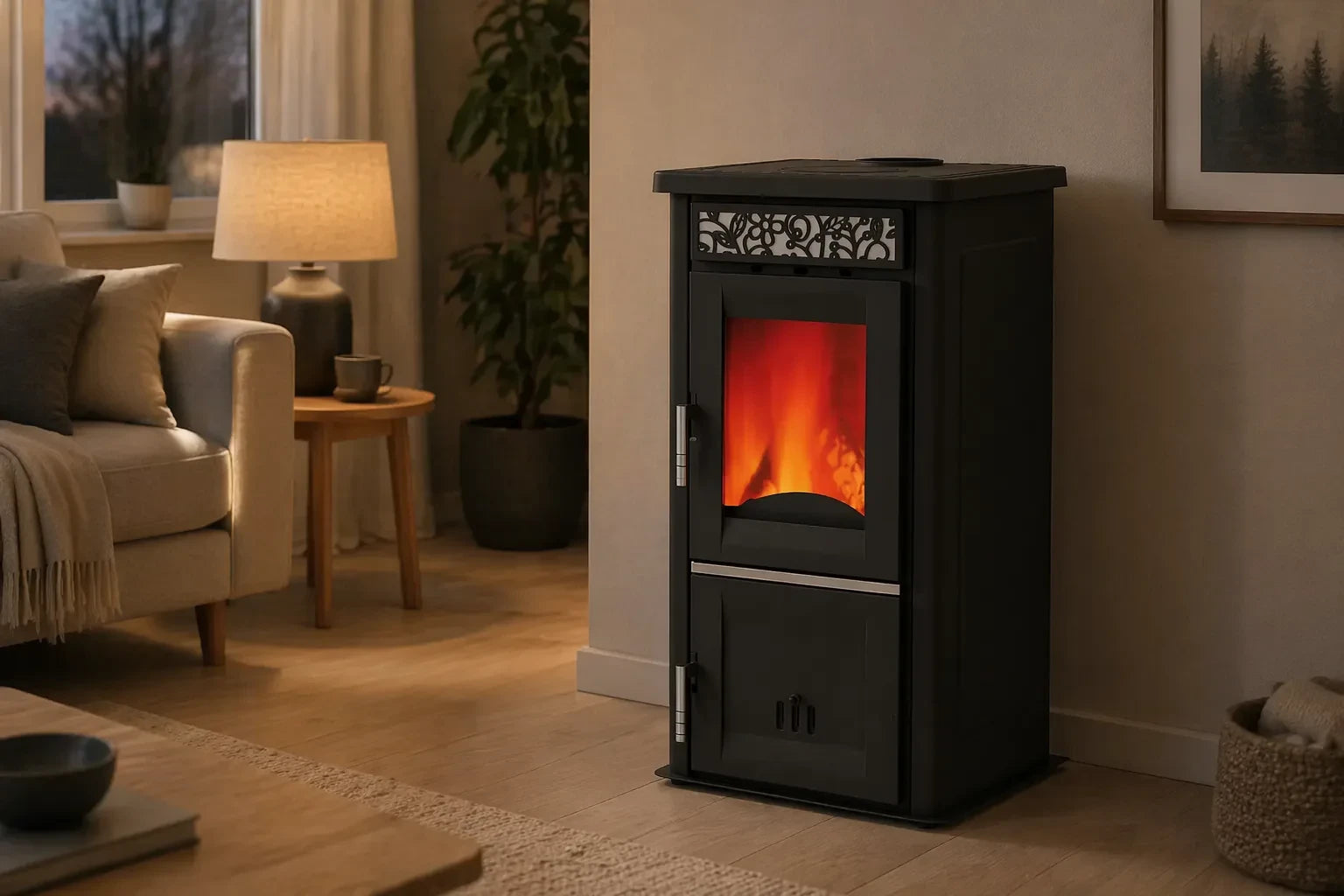 Alfa Plam Amelia kachel in een woonkamer met brandend vuur