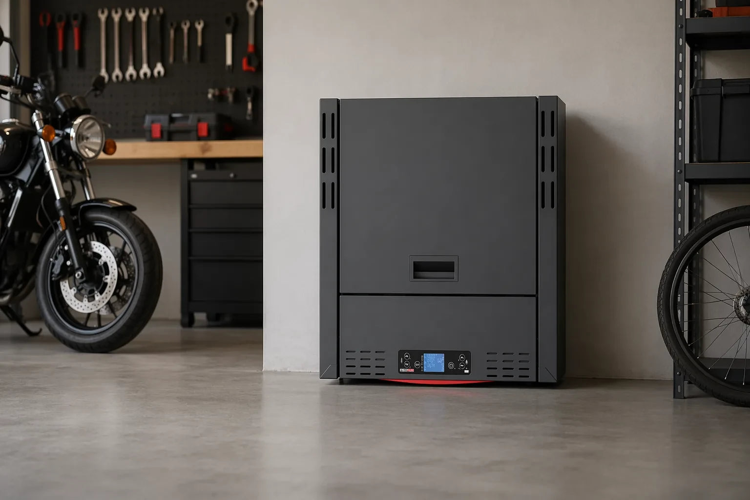 Alfa Plam Commo Compact in werkplaats naast motorfiets