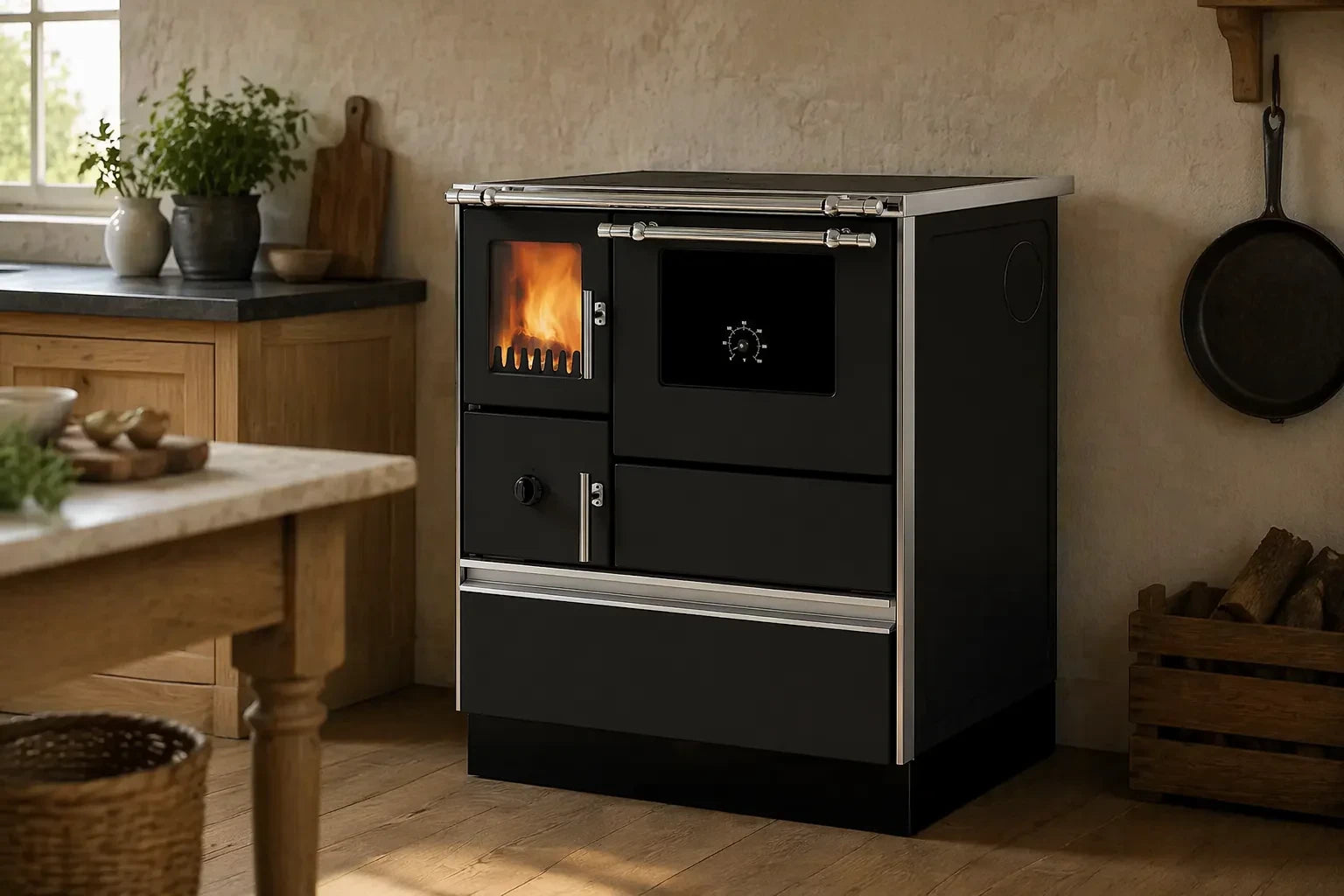 Alfa Plam Dominant kachel in moderne keuken met brandend vuur