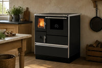 Alfa Plam Dominant kachel in moderne keuken met brandend vuur