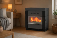 Alfa Plam Dormo R in moderne woonkamer met brandend zichtvenster