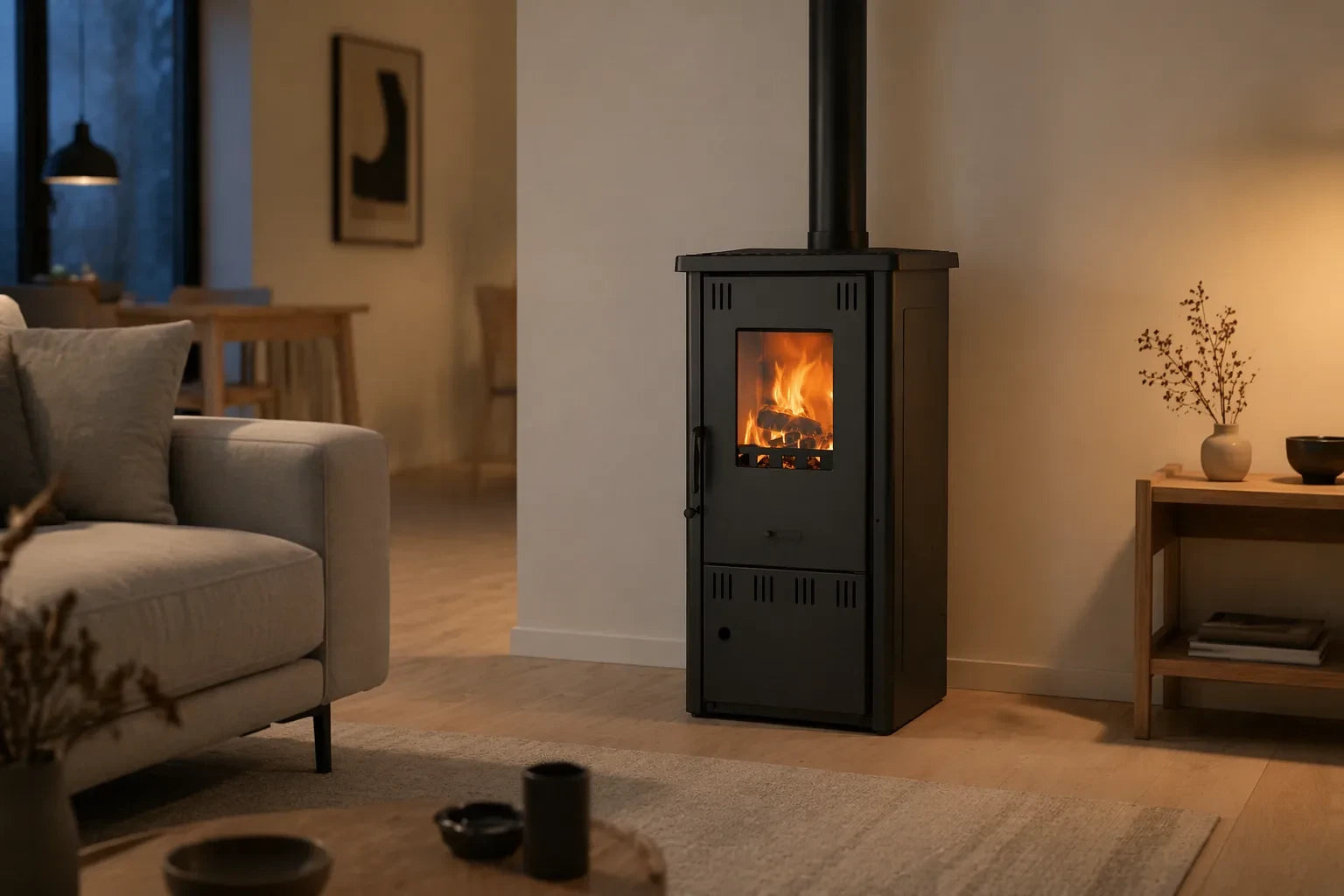Alfa Plam Elita 2 kachel in moderne woonkamer met brandend vuur