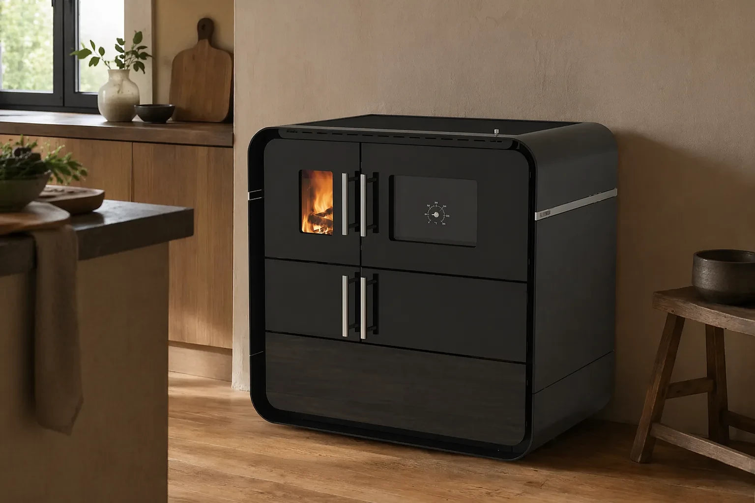 Alfa Plam Futuro L zwarte kachel in moderne keuken met brandend kijkvenster