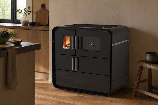 Alfa Plam Futuro L zwarte kachel in moderne keuken met brandend kijkvenster