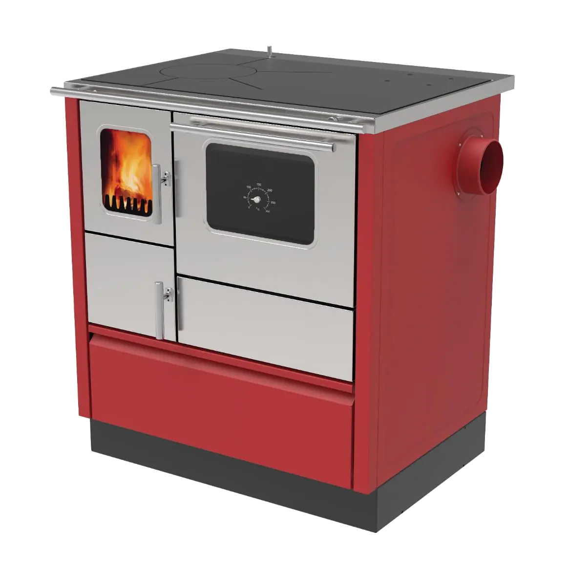 Alfa Plam Inox 75 houtkachel met rood en zilverkleurig front
