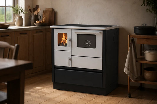 Alfa Plam Inox 75 in landelijke keuken met brandend vuur
