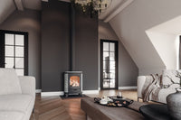 Altech Eclips Basis houtkachel in moderne woonkamer met brandend vuur